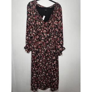 Talbots Midi Dress Red Black V-Neck Floral Ruffled Pullover Long Sleeve Sz 3X
